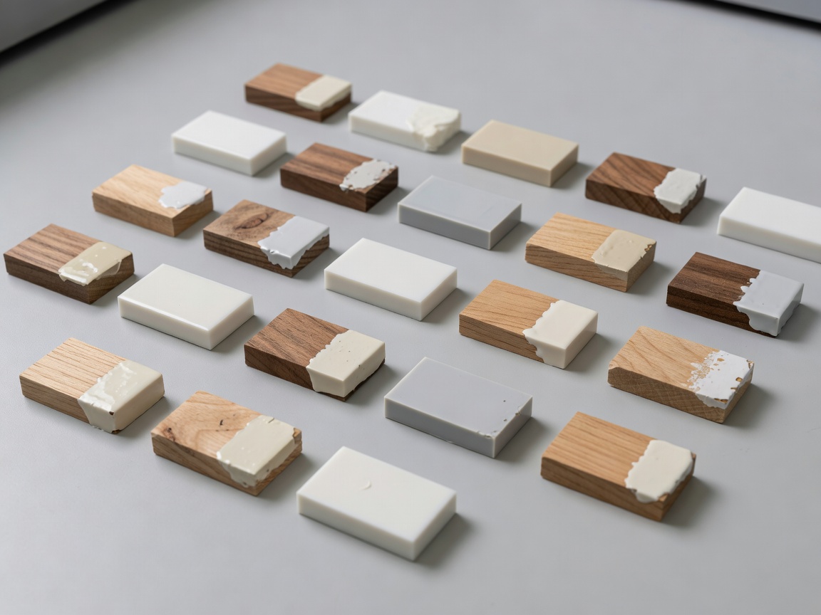 Small labeled wood and plastic sample pieces prepared for coating compatibility checks