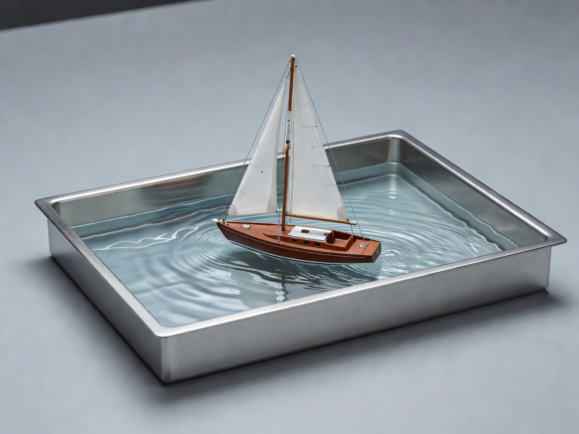 Miniature sailboat floating in a shallow rectangular tray with a visible waterline