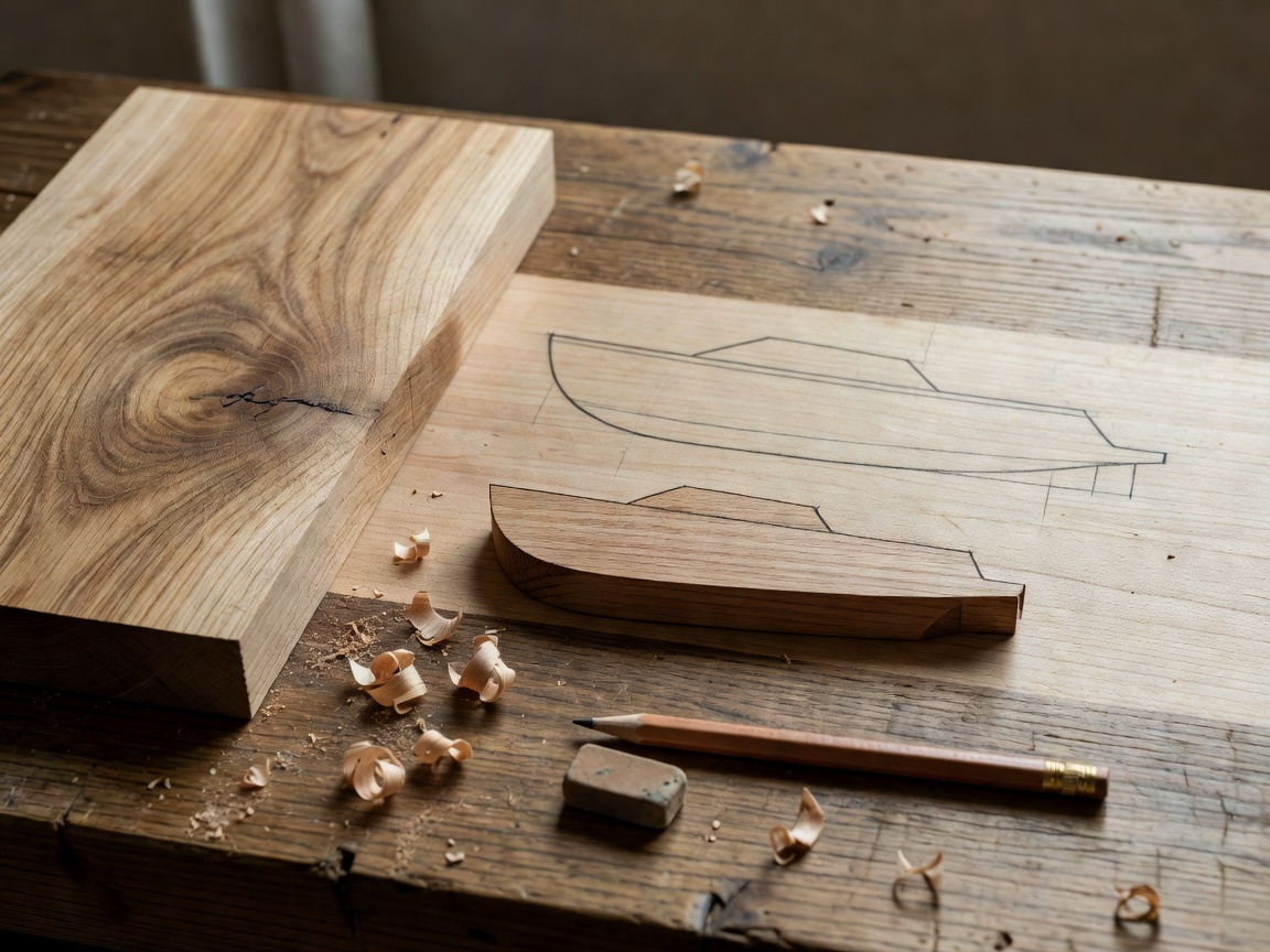 Sound wood offcut beside a pencil outline for a simple miniature yacht hull