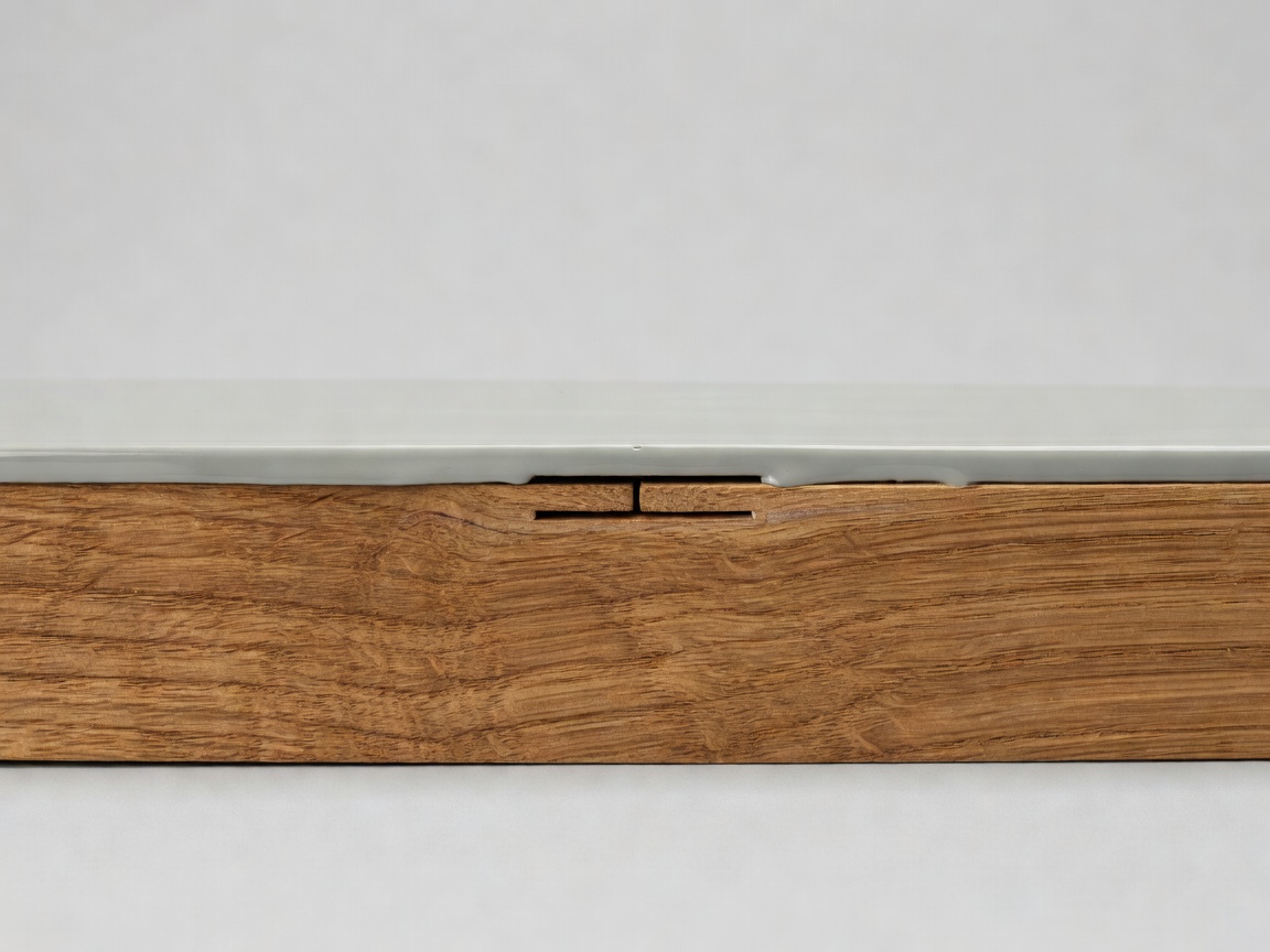 Section render showing sound wood, a fitted seam and a thin continuous external coating