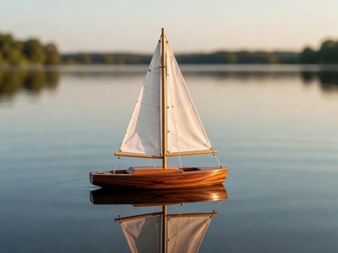 Wooden model yacht fitted with a short blunt mast and small removable sail