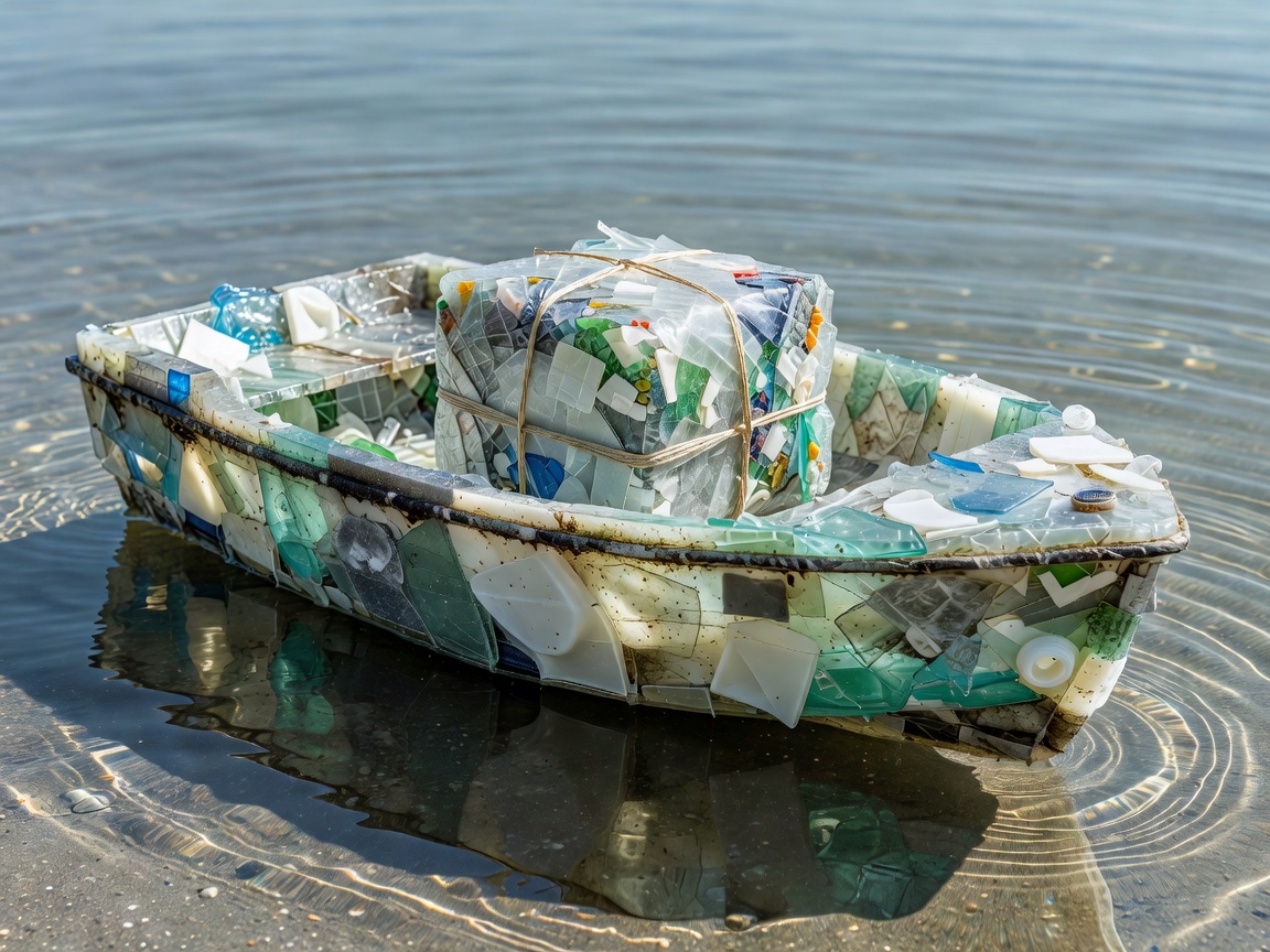 Recycled-plastic model boat in shallow water with a secured central load and marked waterline