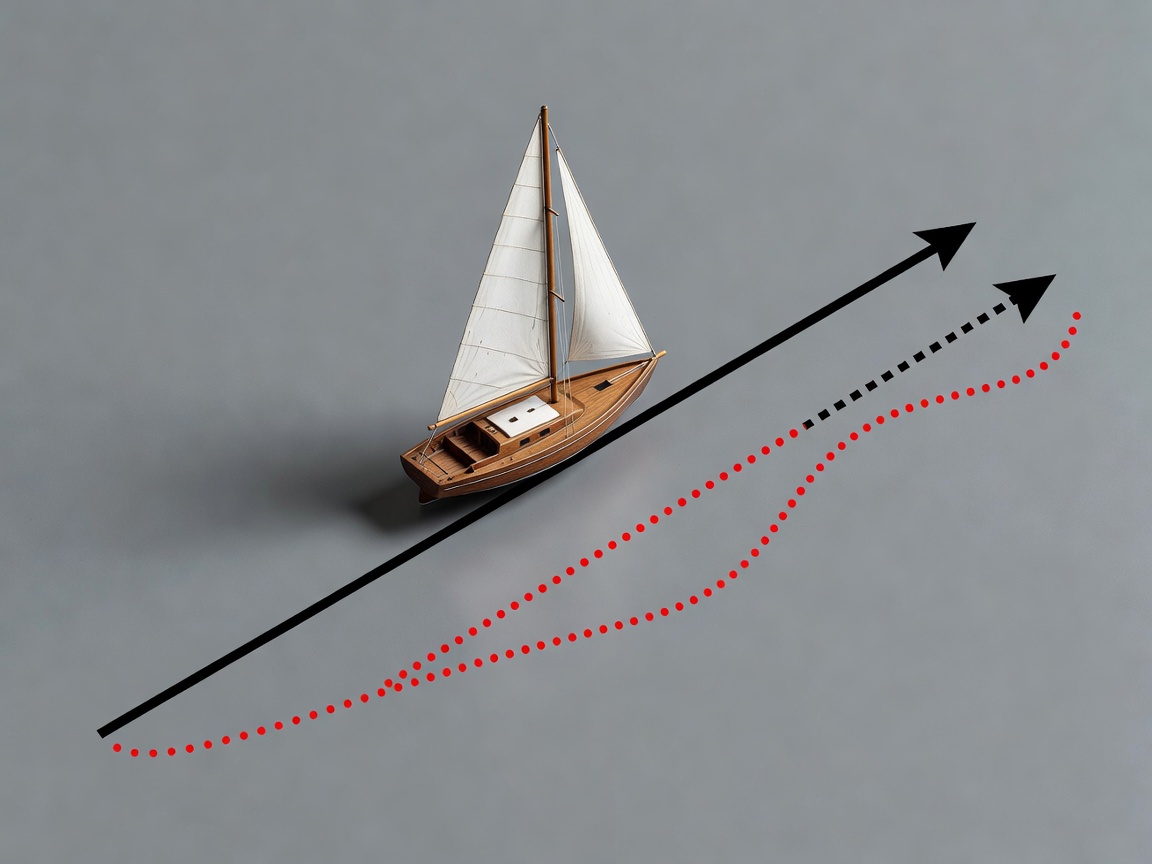 Model boat beside direction arrows showing bow heading and a different observed travel path