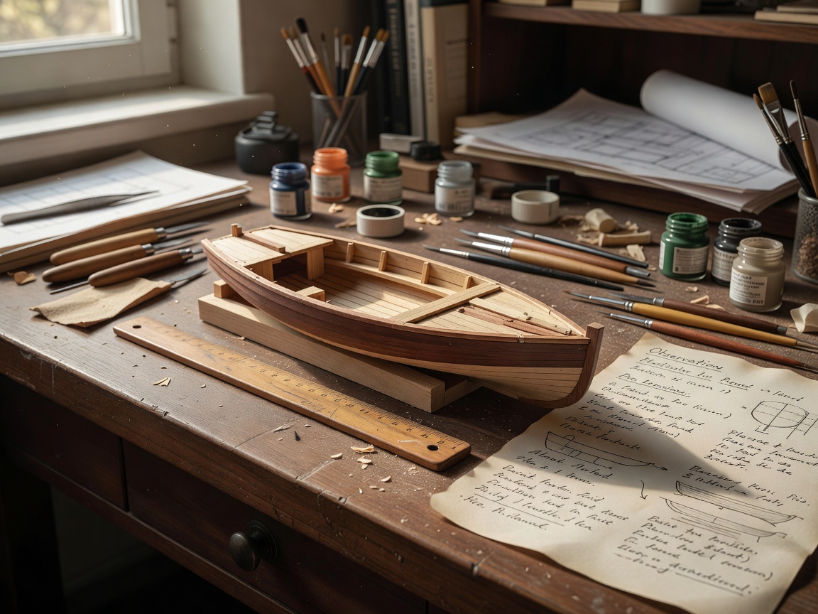 Quiet model-making workbench with a small wooden hull, ruler and handwritten observation sheet