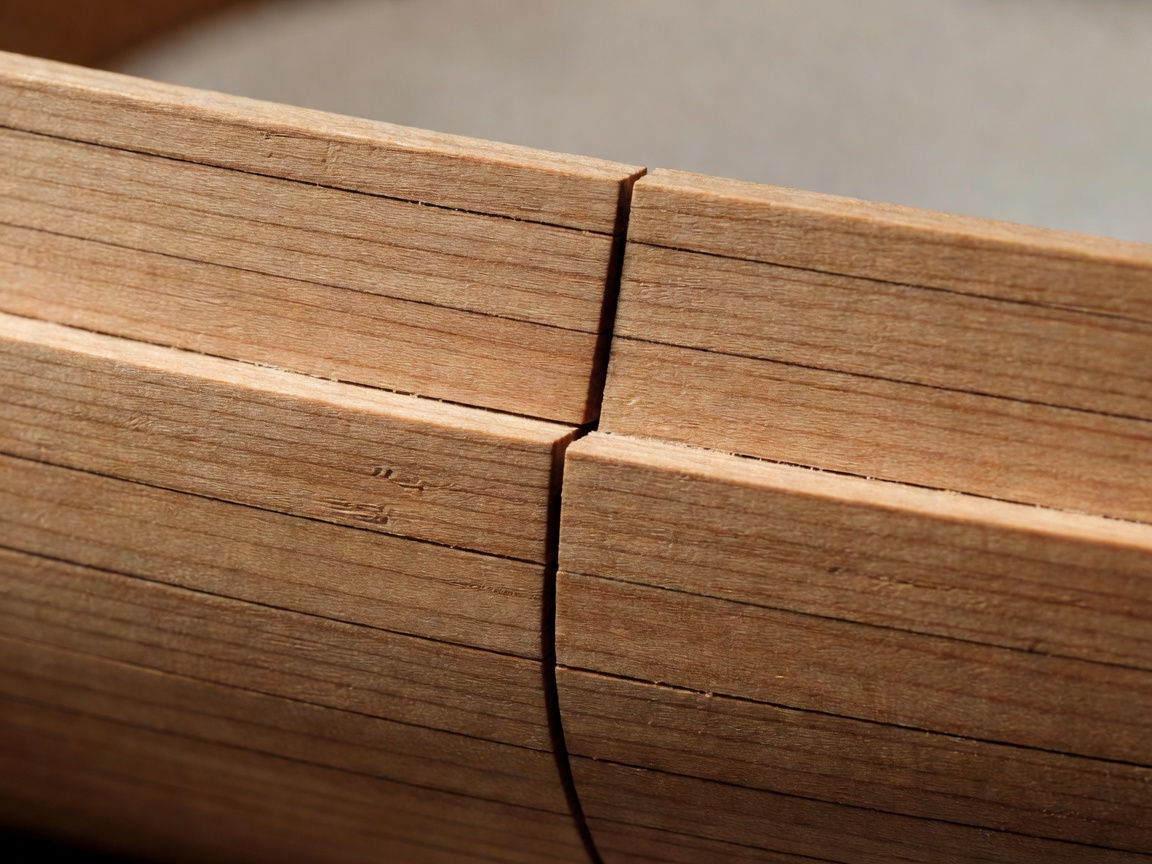 Close-up render of a miniature wooden hull joint before coating, with clean fitted edges