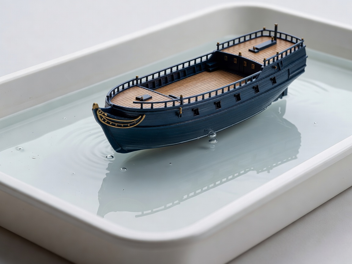 Finished miniature hull undergoing a short shallow-water leak check in a clean tray
