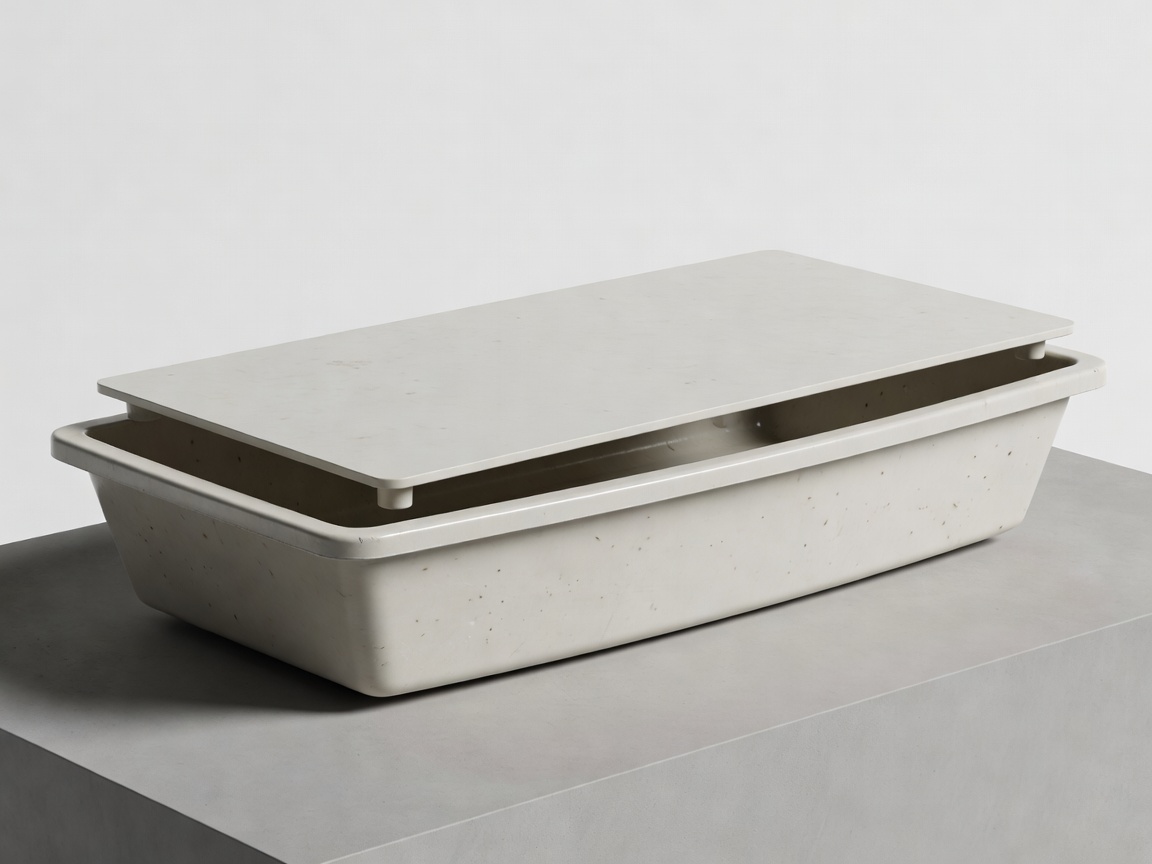 Intact recycled-plastic tray hull with a lightweight removable deck resting above the rim