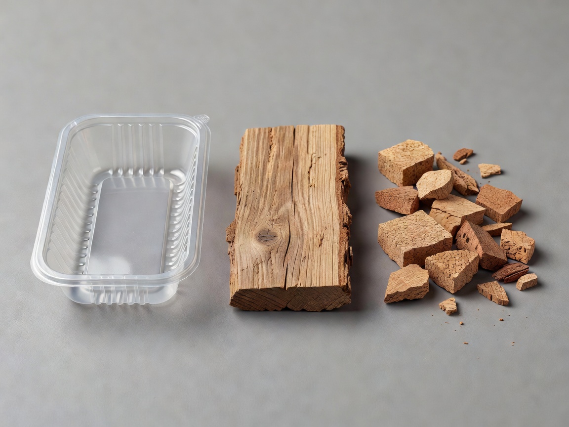 Clean plastic food tray, untreated wood offcut and cork pieces arranged for comparison