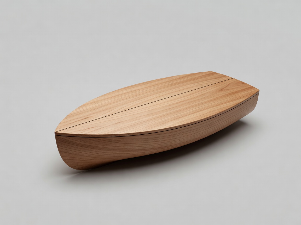 Rounded miniature wooden hull with a marked centerline and smooth bow