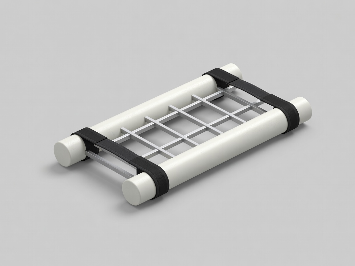 Miniature platform with two parallel floats, light crosspieces and broad reusable attachment bands
