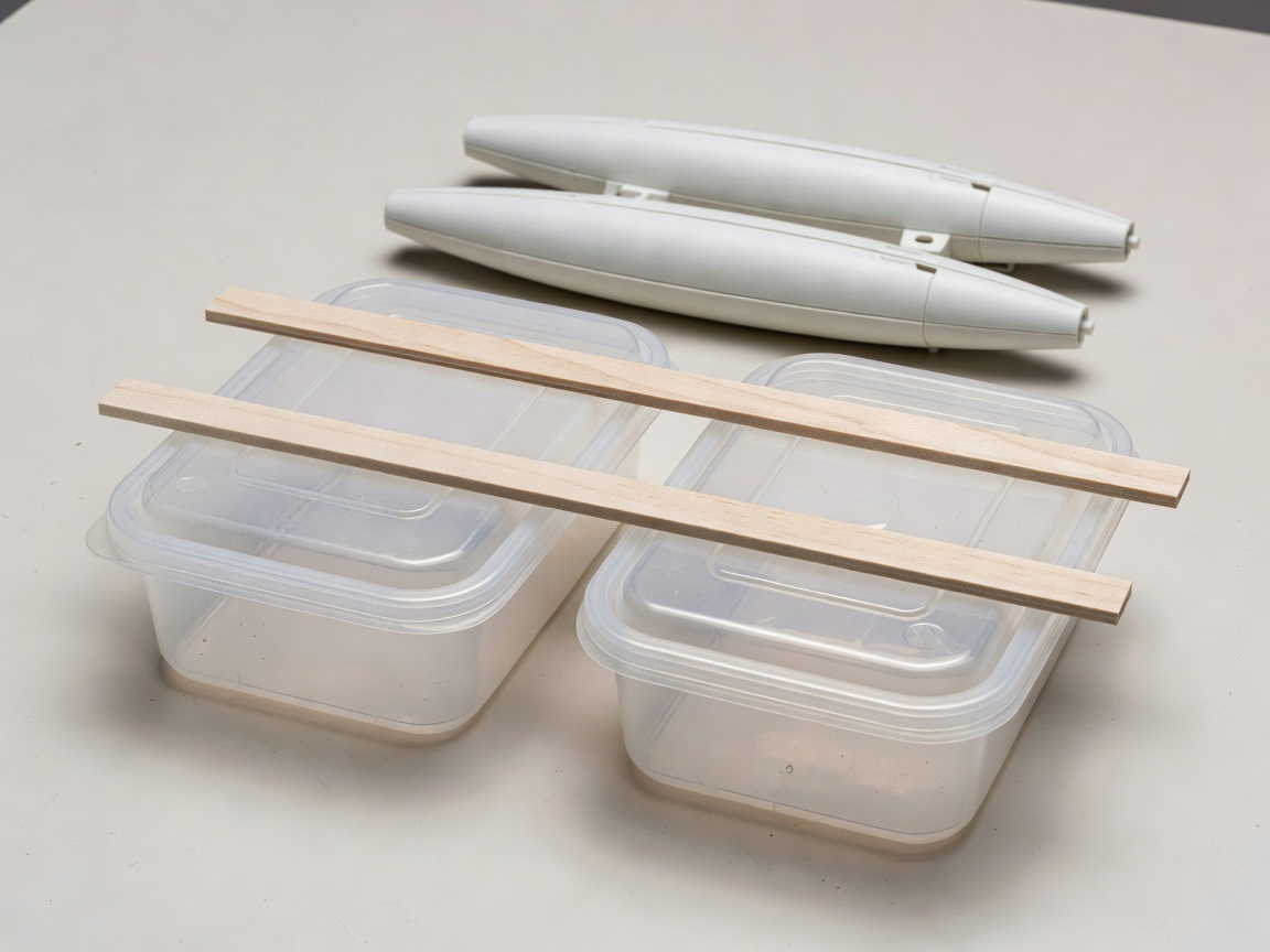 Two matching sealed food containers and lightweight crosspieces laid out for a model platform